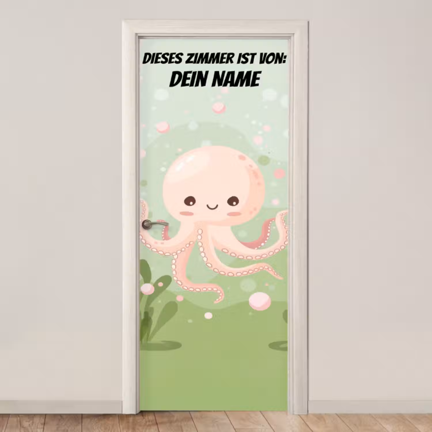 Türtapete mit Name - Niedlicher Oktopus auf grünem Hintergrund.