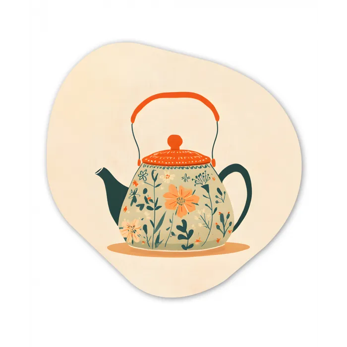 Oranje - Theepot - Bloemen - Bladeren Wandcirkel Organisch Forex 3mm klein -3d