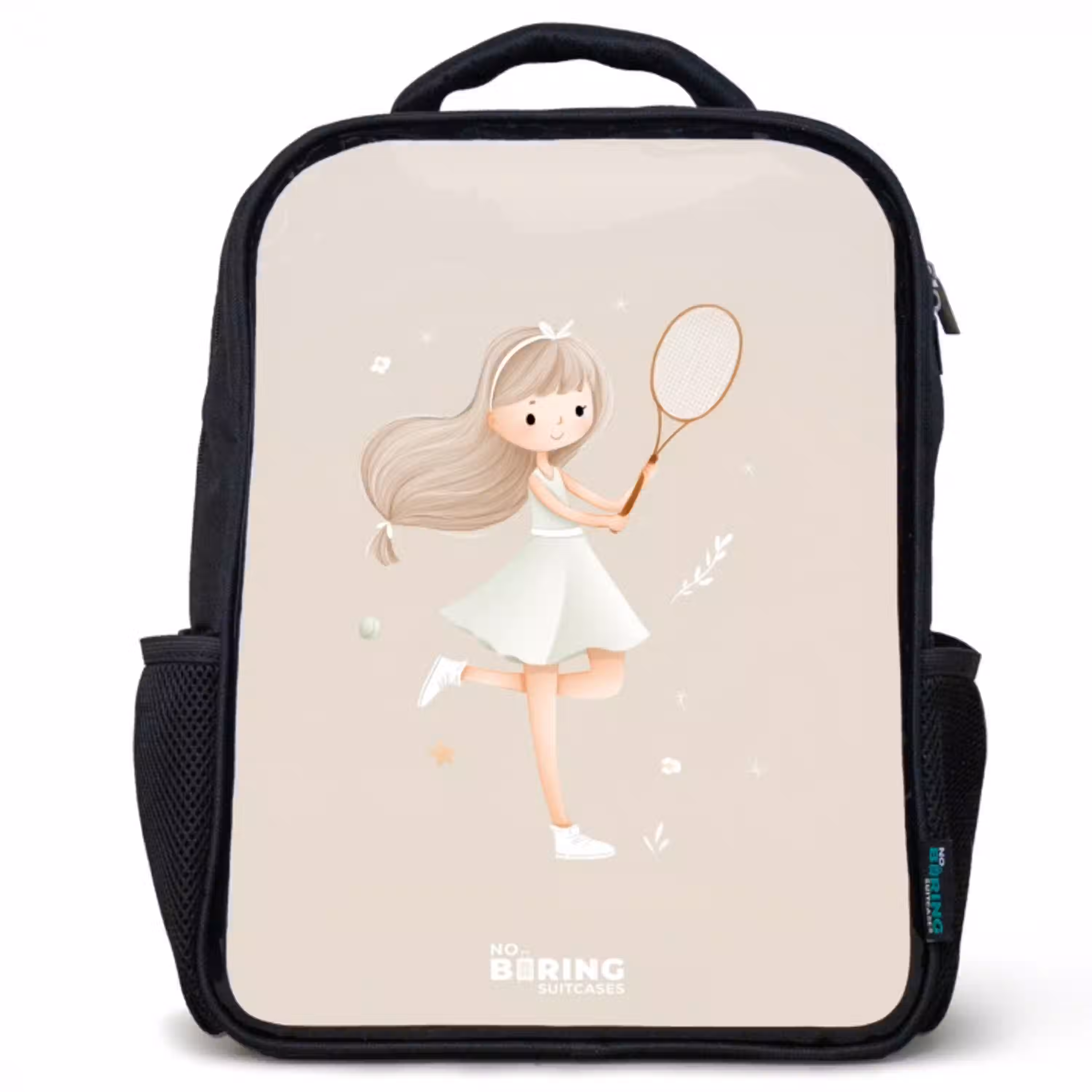 Meisje speelt tennis in beige kleuren Rugzak - Zwart middel -3d