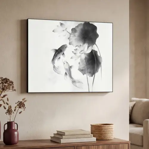 Lotusbloemen - Vissen - Bladeren - Zwart Textielframe zwart klein -sfeer3