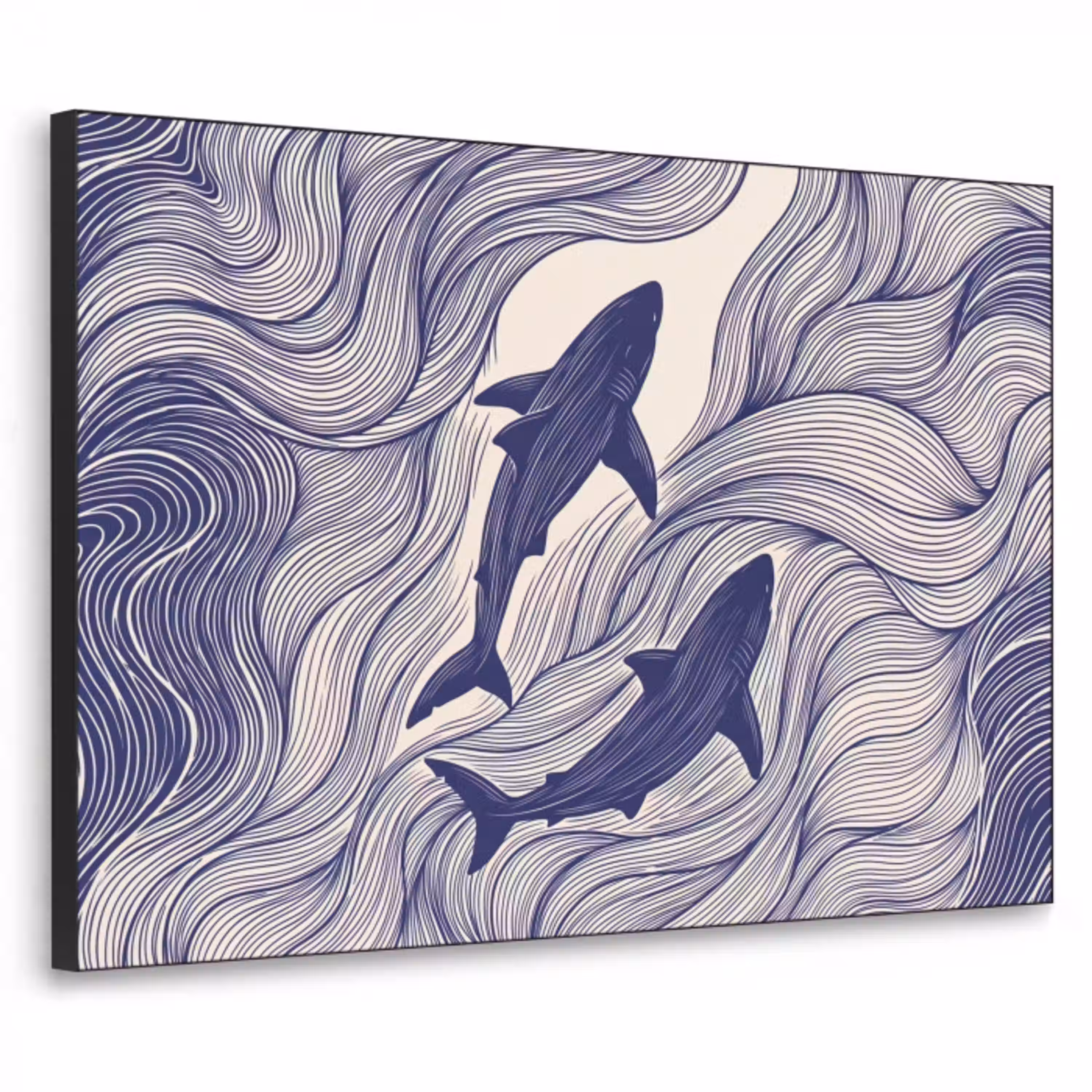 Vis - Oceaan - Lijntekening - Blauw - Dieren Textielframe zwart klein -3d