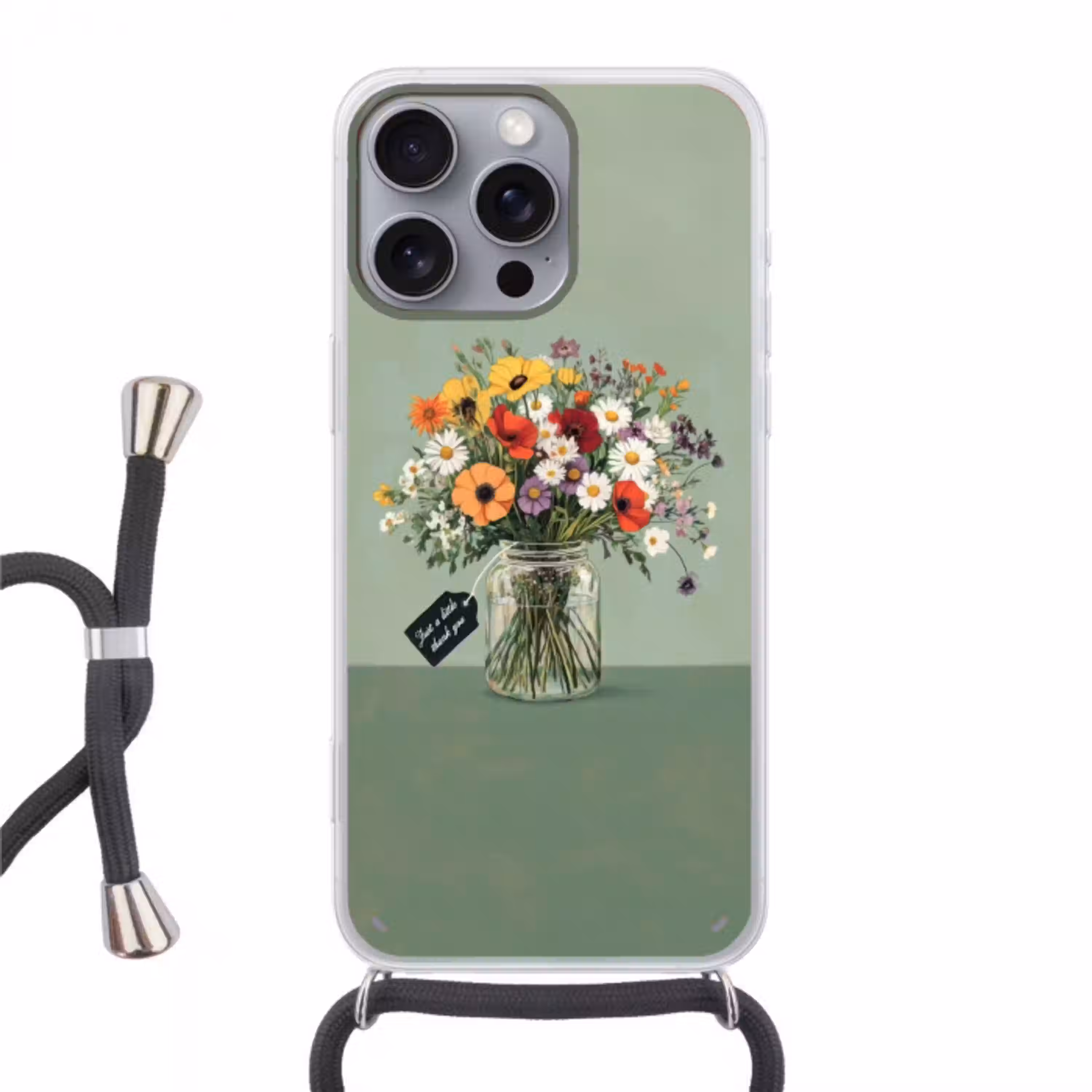 Bloemen - Vaas - Kaartje Hoesje iPhone 16 Pro Max met koord klein -3d
