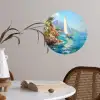Zeilboot - Rotsen - Kust - Huizen Wandcirkel behangsticker klein -sfeer3