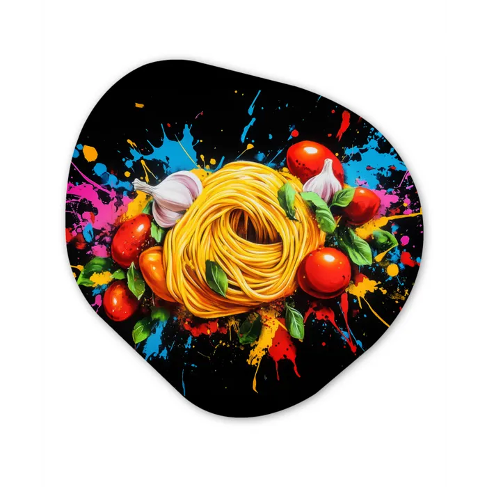 Spaghetti - Graffiti - Verf - Kleurrijk - Eten - Modern Wandcirkel Organisch Aluminium middel -3d