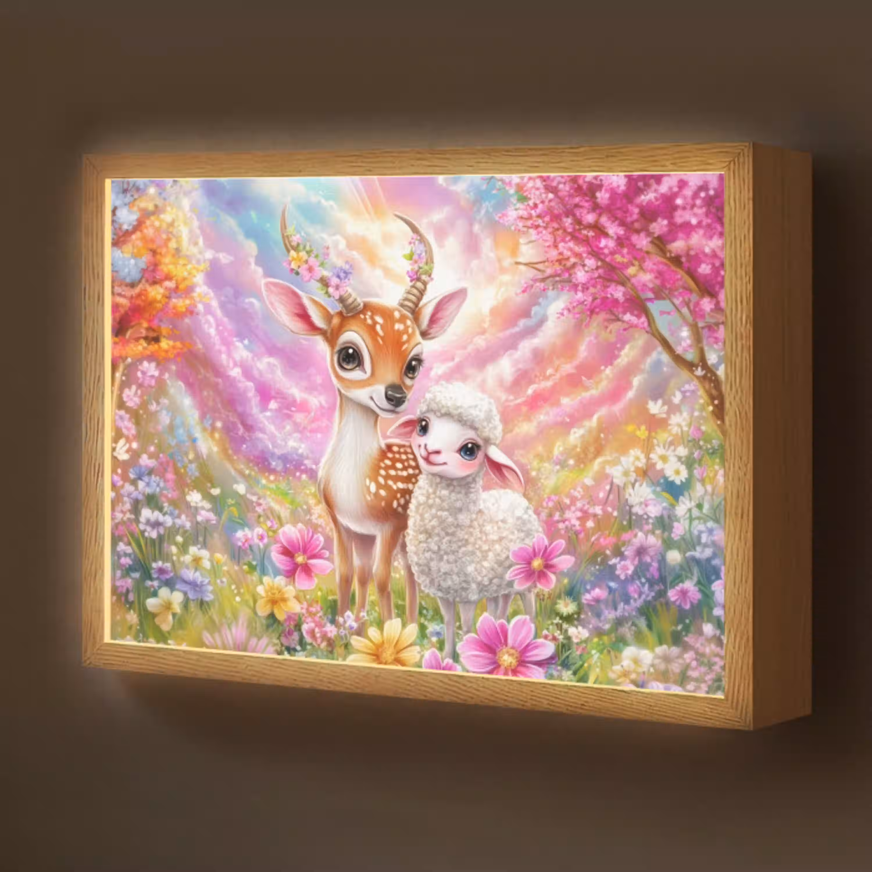 Hertje - Lammetje - Bloemen - Pastel Light Box met batterij (Wandlamp kind) middel -z3d_website