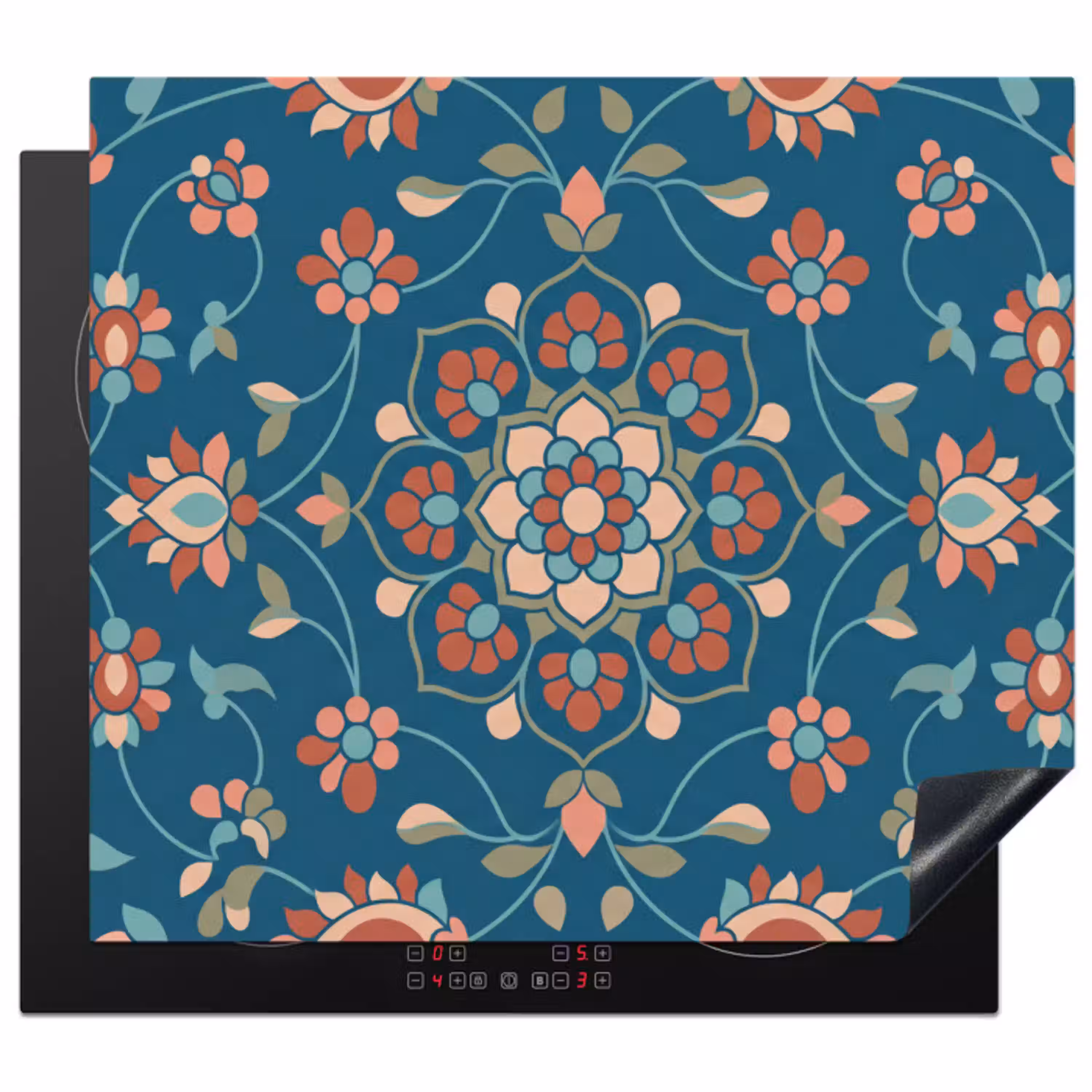 Bloemen - Patroon - Natuur - Ornament - Blauw Inductie beschermer vinyl 3mm middel -3d