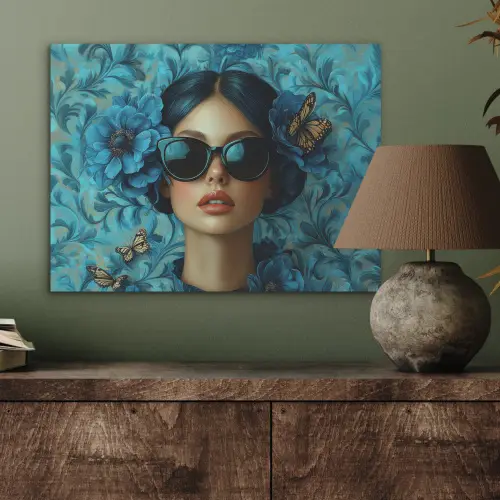 Vrouw - Bloemen - Vlinders - Blauw - Abstract PET vilt klein -sfeer2