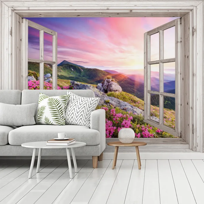 Bergen - Landschap - Doorkijk - Bloemen - Avond - Roze fotobehang vinyl groot -woonkamer