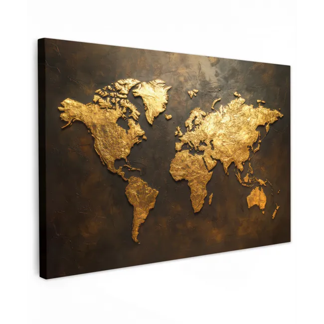 Wereldkaart - Goud - Roest canvas 2cm klein -z3d