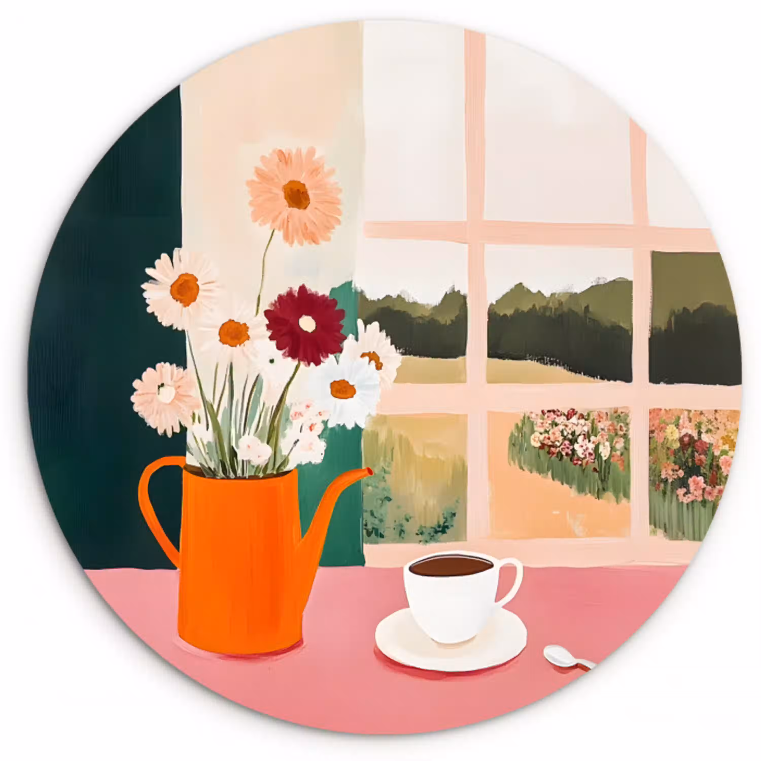 Bloemen - Koffie - Raam Wandcirkel kunststof plaat 5mm dik klein -3d