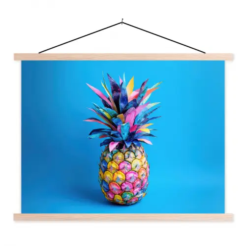 Ananas - Blauw - Tropisch - Vrolijk textielposter latten blank klein -3d
