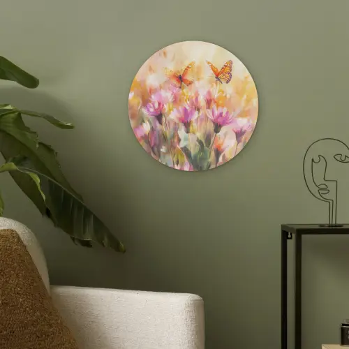 Vlinders - Oranje - Bloemen Akoestische PET Vilt - Rond klein -sfeer2