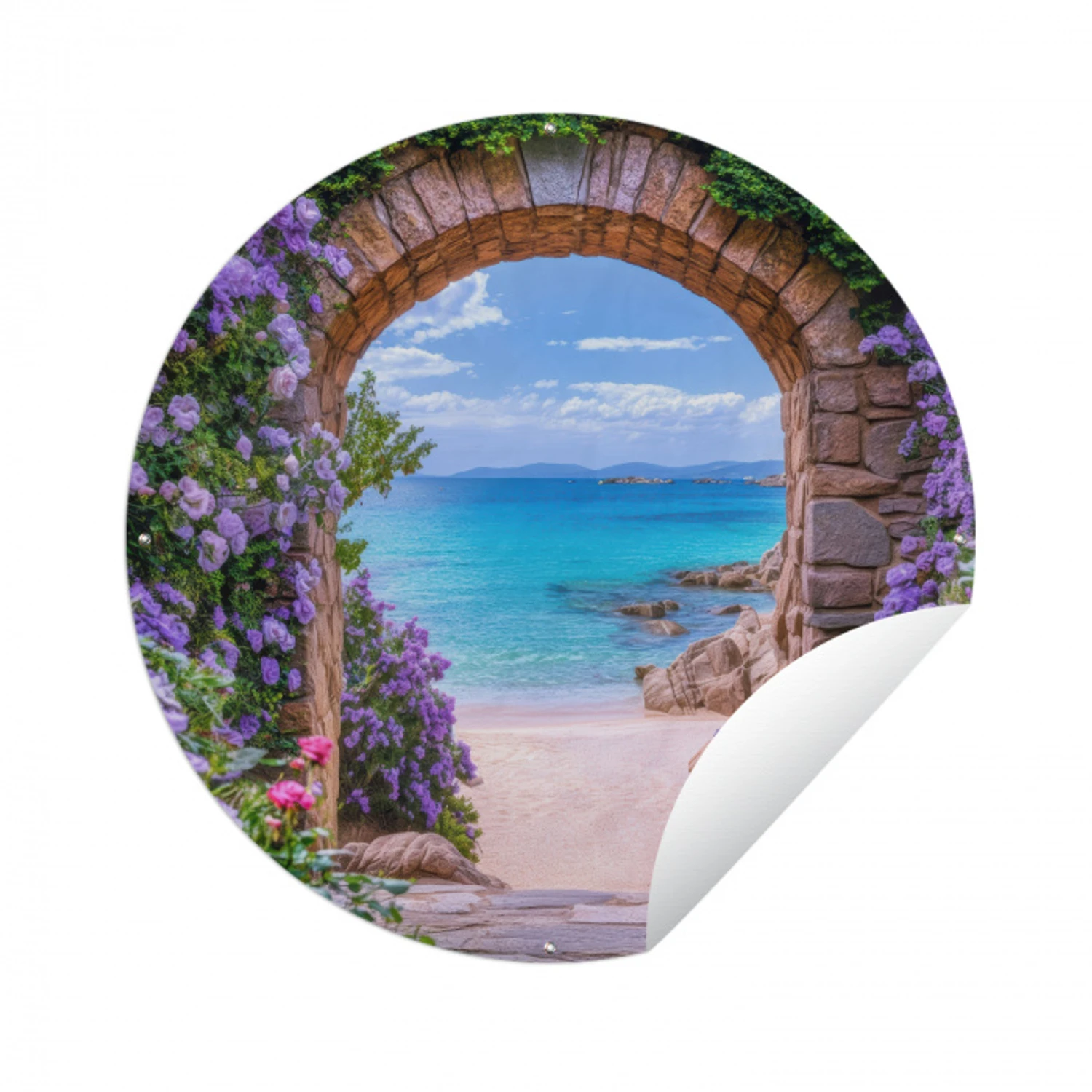 Doorkijk - Poort - Zee - Strand - Rotsen Wandcirkel tuinposter met ringen klein -3d