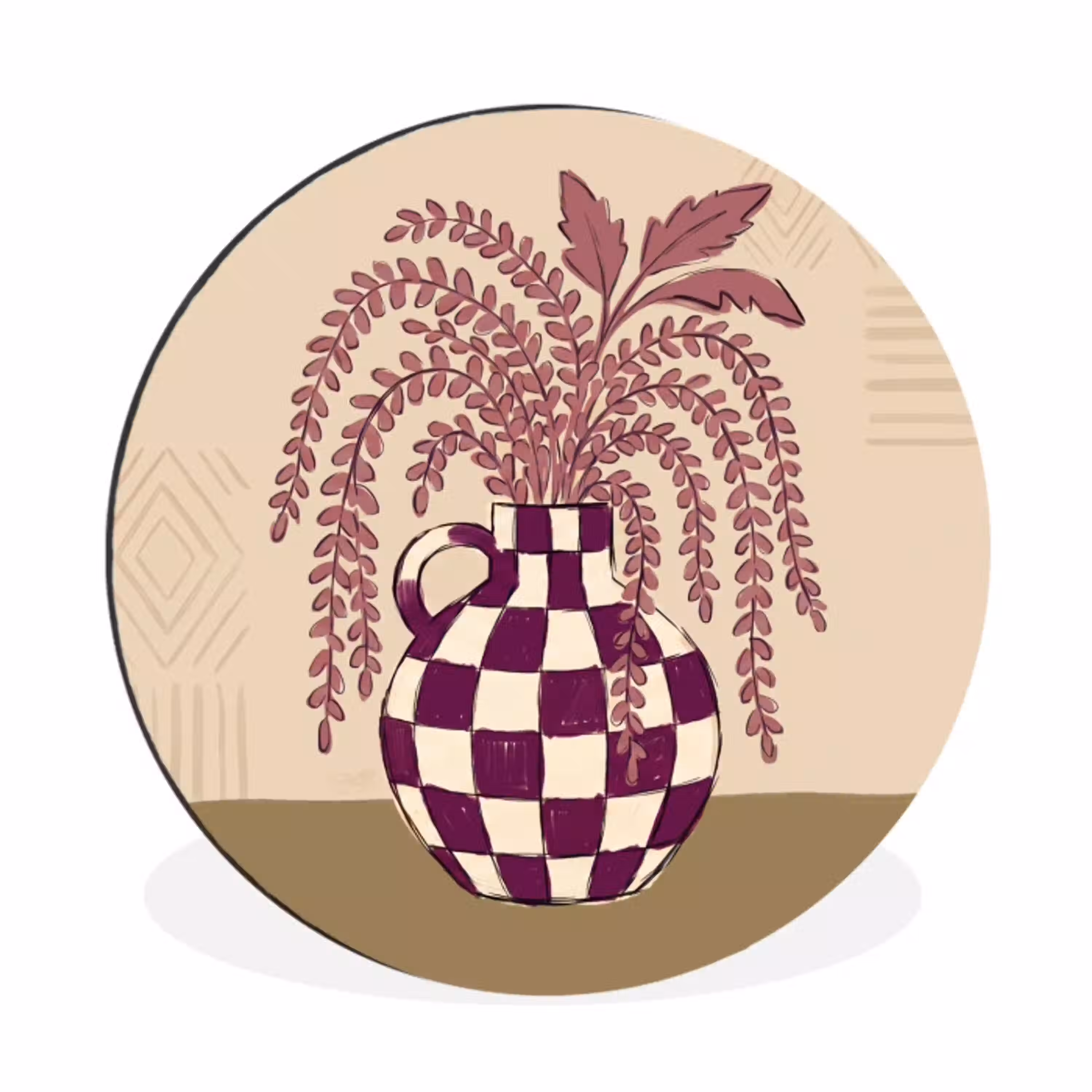 Vaas - Geruit - Planten - Modern - Paars Wandcirkel aluminium klein -3d