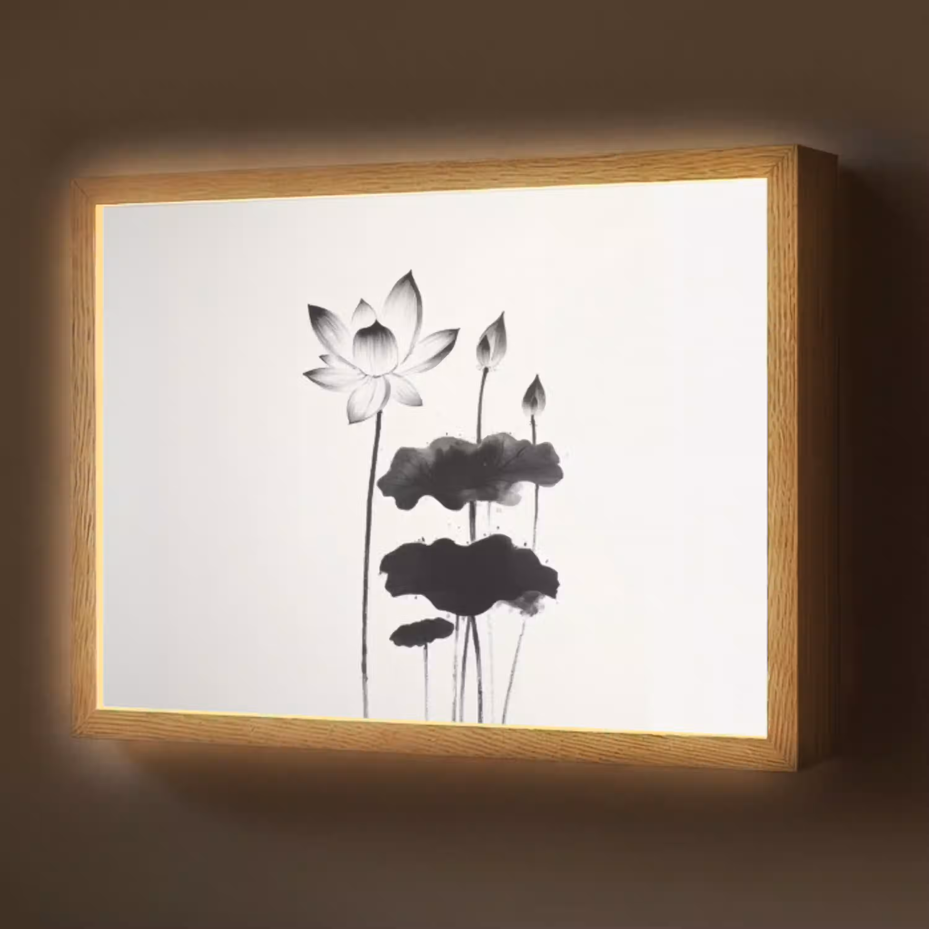 Bladeren - Zwart - Lotusbloem - Minimalitisch Light Box met batterij (Wandlamp) middel -z3d_website