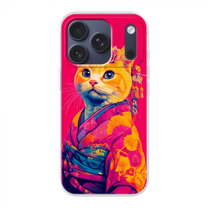 Kat - Kimono - Bloemen - Roze Telefoonhoesje iPhone 17 Pro klein -3d
