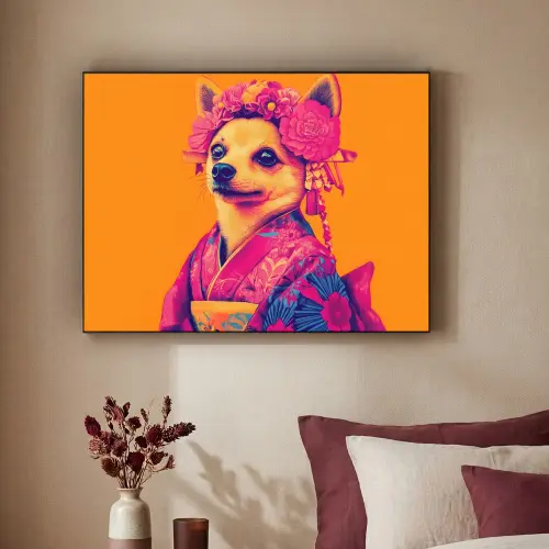 Kimono - Hondje - Bloemenkroon - Oranje Textielframe zwart klein -sfeer1