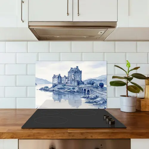 Schots - Kasteel - Blauw - Aquarel keuken achterwand spatscherm klein -sfeer2