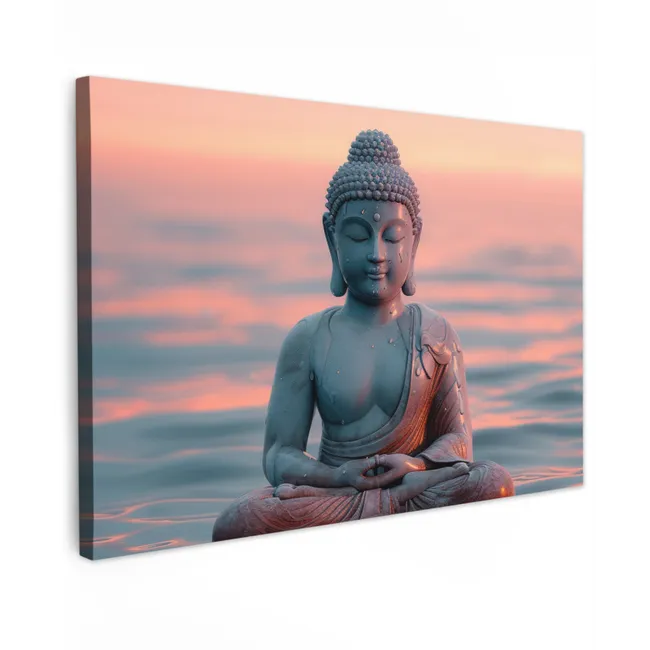 Buiten canvas - Mediterende Boeddha bij zonsondergang