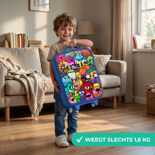 Knallende gekleurde monsters Kinderkoffer - Blauw klein -sfeer2_NL