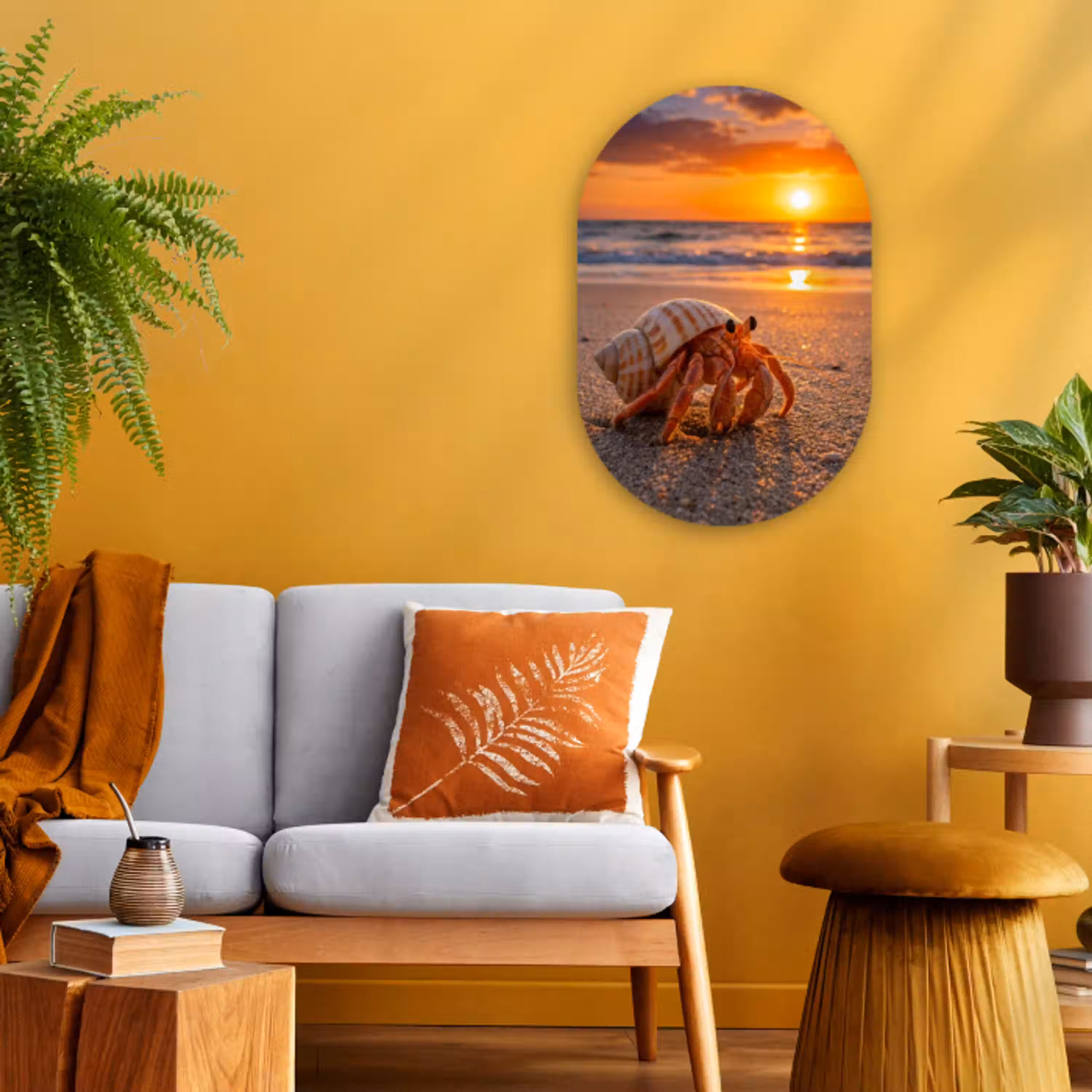Kreeft - Strand - Natuur - Zonsondergang - Oranje Wandcirkel Ovaal Forex klein -sfeer4