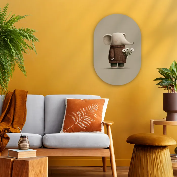 Olifant - Witte bloemen - Kindvriendelijk Wandcirkel Ovaal Forex klein -sfeer4