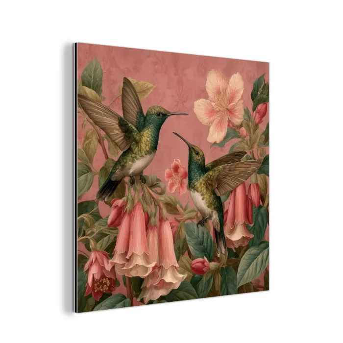 Kolibries - Bloemen - Groen - Roze aluminium wit klein -3d