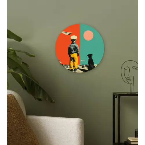 Retro - Jongen - Hond - Rood - Groen Wandcirkel kunststof plaat 5mm dik klein -sfeer3