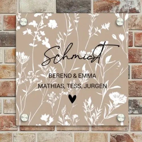 Beiges Blumenmuster - Elegant Naambord Vierkant klein -sfeer2