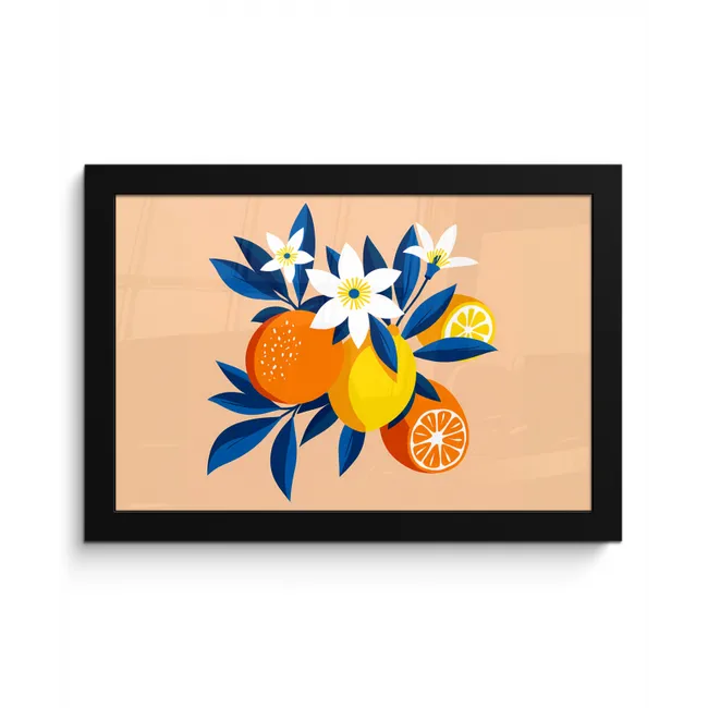 Illustratie - Sinaasappels - Donkerblauw - Bloemen fotolijst zwart zonder passe partout klein -3d