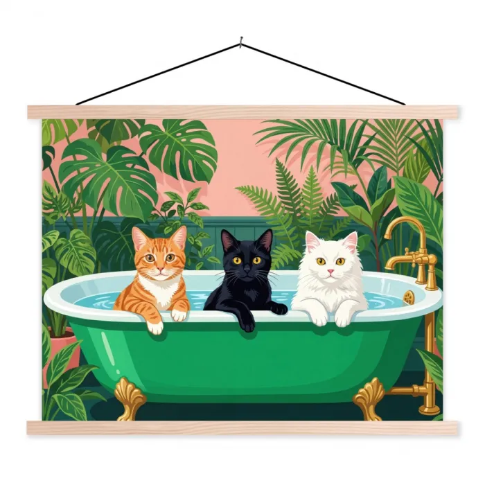 Badkamer - Kattenparade - Kleurrijk textielposter latten blank klein -3d