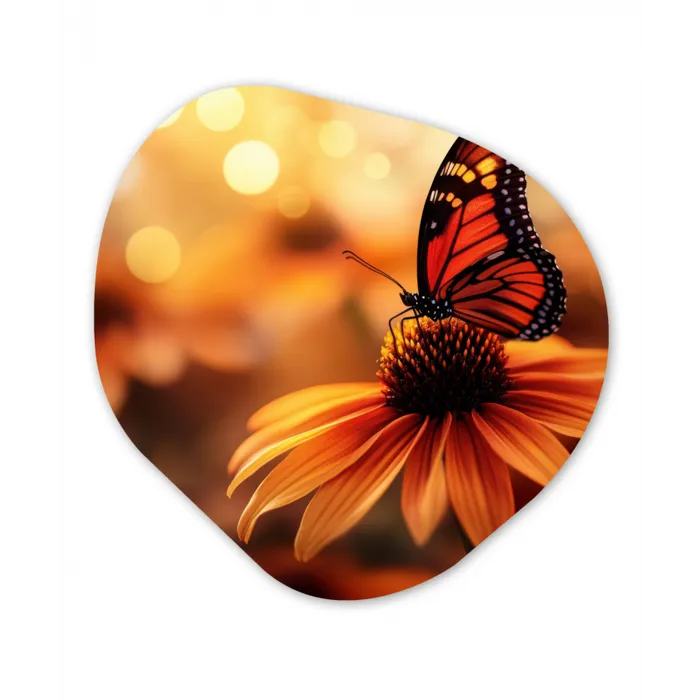 Vlinder - Bloemen - Oranje Wandcirkel Organisch Plexiglas middel -3d