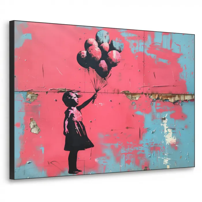 Graffiti - Meisje - Ballon - Roze - Blauw - Street art Textielframe zwart klein -3d