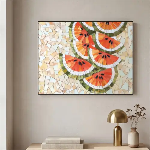 Mozaïek - Watermeloen - Rood - Pitten Textielframe zwart klein -sfeer2