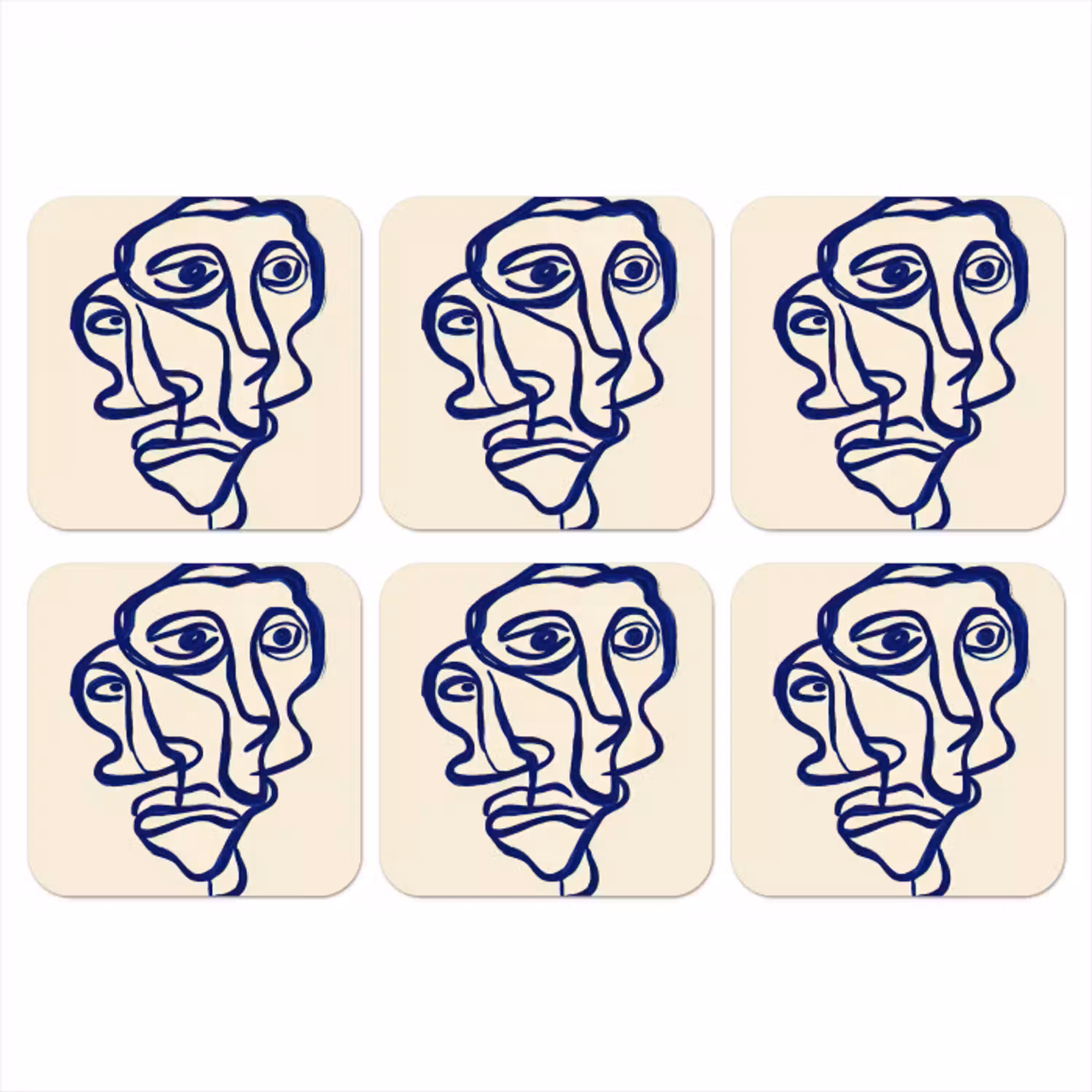 Lijntekening - Overlappende gezichten - Donkerblauw onderzetter kurk middel -3d