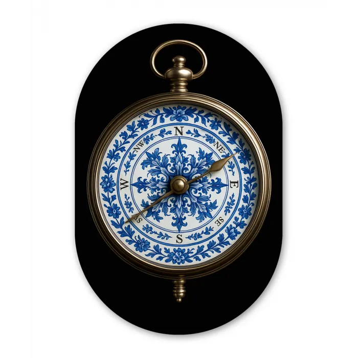 Kompas - Delfts blauw - Zwart Wandcirkel Ovaal Glas middel -3d