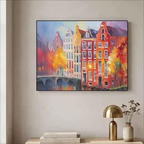 Grachtenpanden - Kunst - Schilderij - Amsterdam Textielframe - compleet frame klein -sfeer2