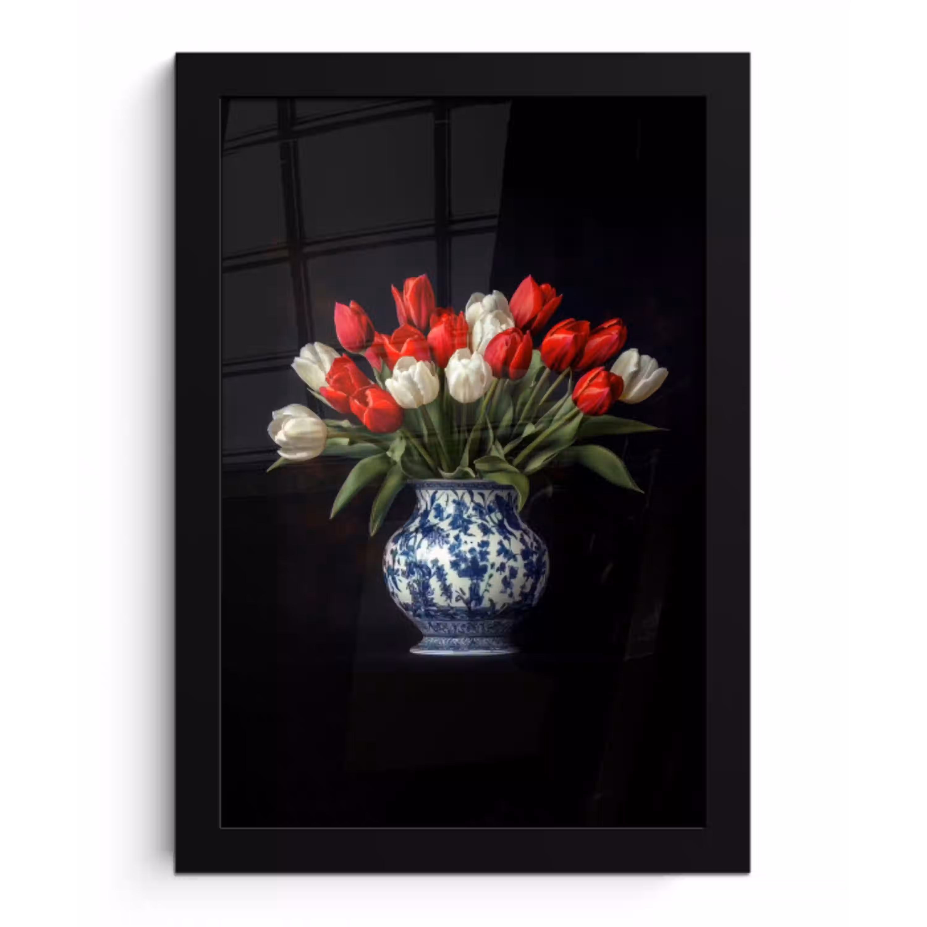 Rode - Bloemen - Tulpen - Vaas fotolijst zwart zonder passe partout klein -3d