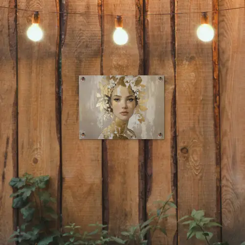 Gezicht - Vrouw - Bladeren - Goud tuinposter los doek klein -sfeer1