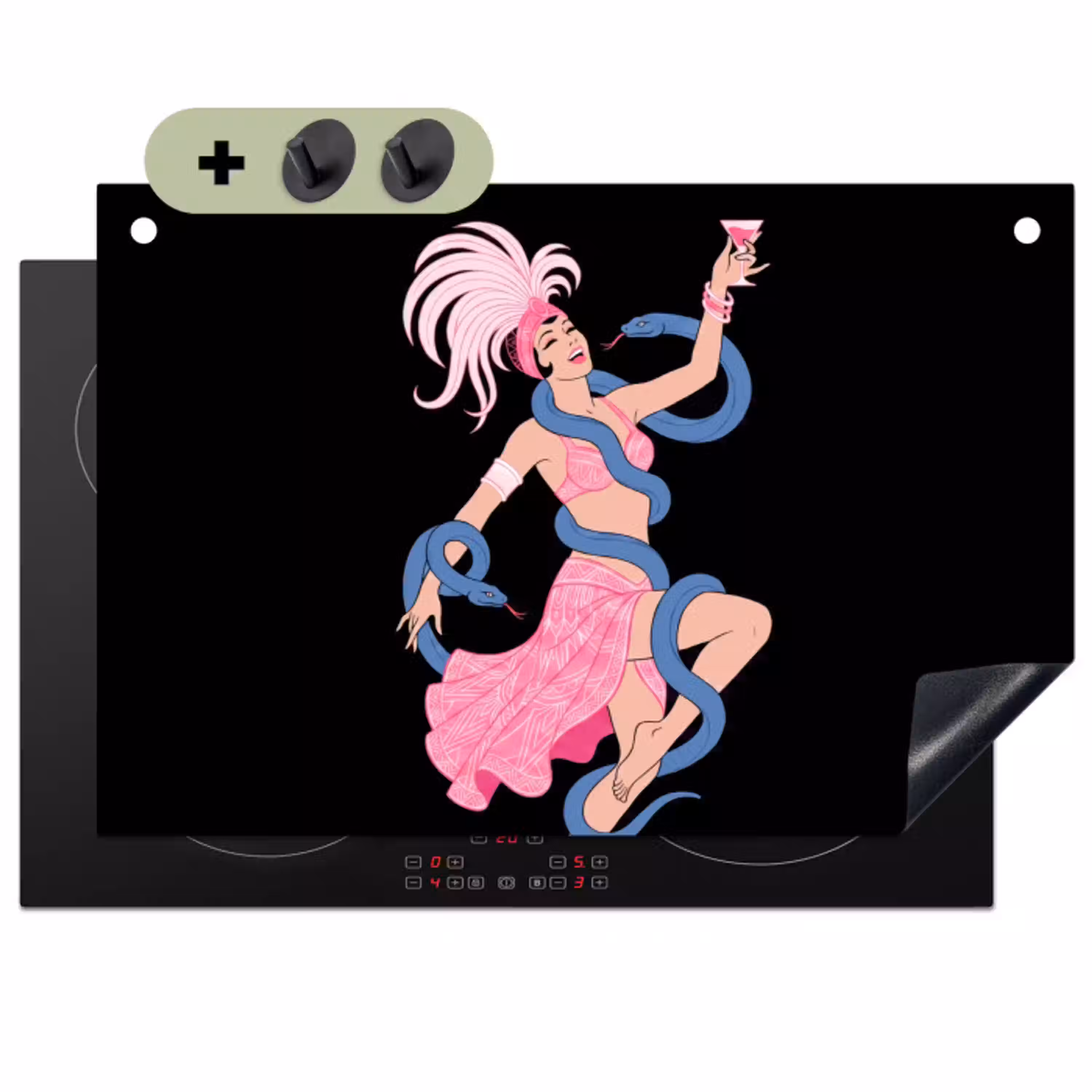 Vrouw - Danseres - Slangen - Art Deco - Roze Inductie beschemer met haakjes klein -3d