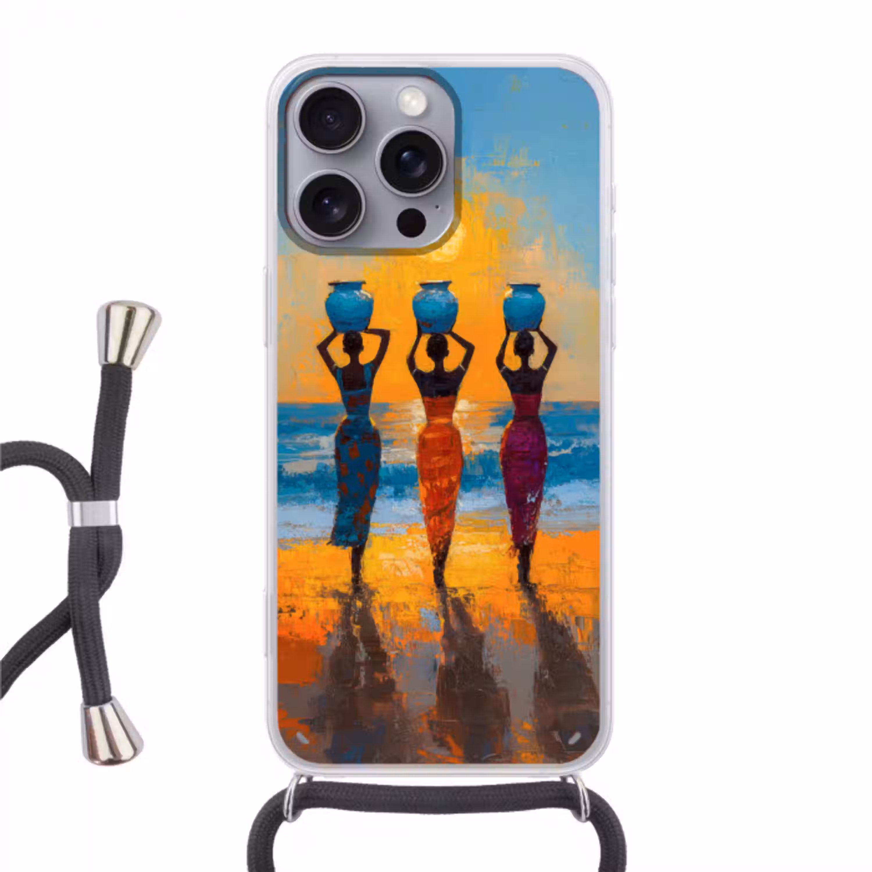 Vrouwen - Strand - Zondsondergang Hoesje iPhone 16 Pro Max met koord klein -3d