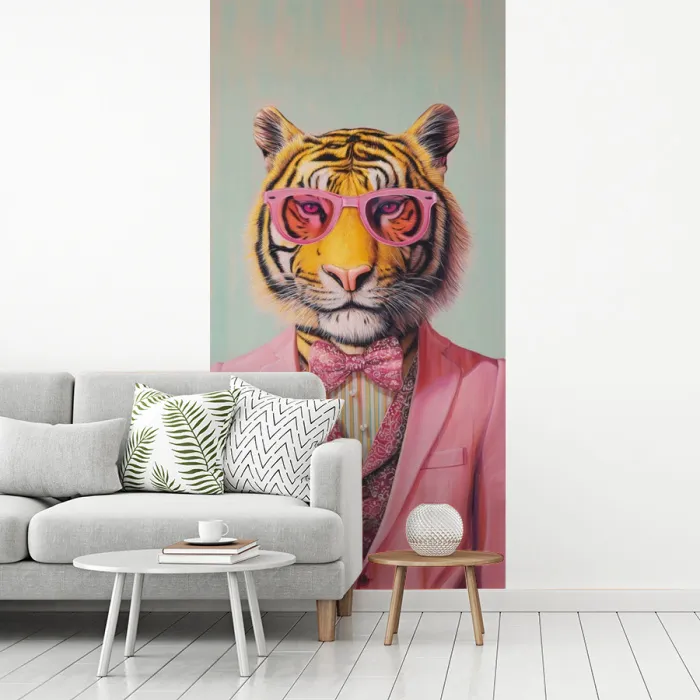 Tijger - Strik - Jasje - Roze fotobehang vinyl groot -woonkamer