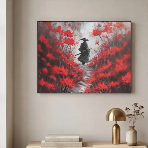 Rode bloemen - mistig - Man Textielframe zwart klein -sfeer2