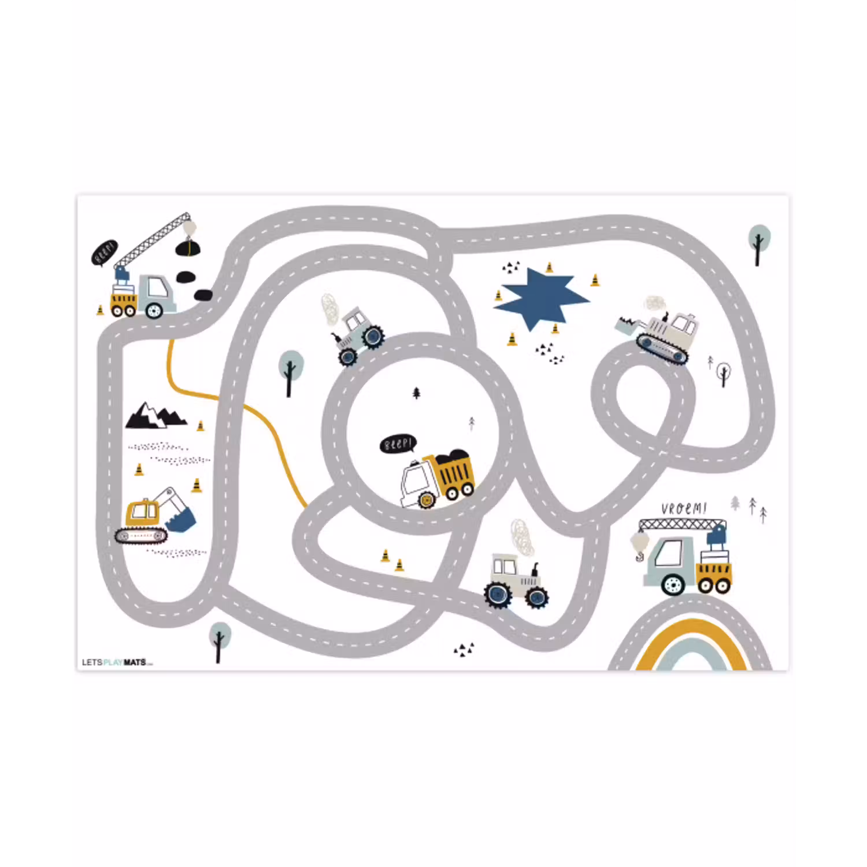Bouwplaats - Graafmachine  - Auto - Regenboog - Design Speelmat klein -3d
