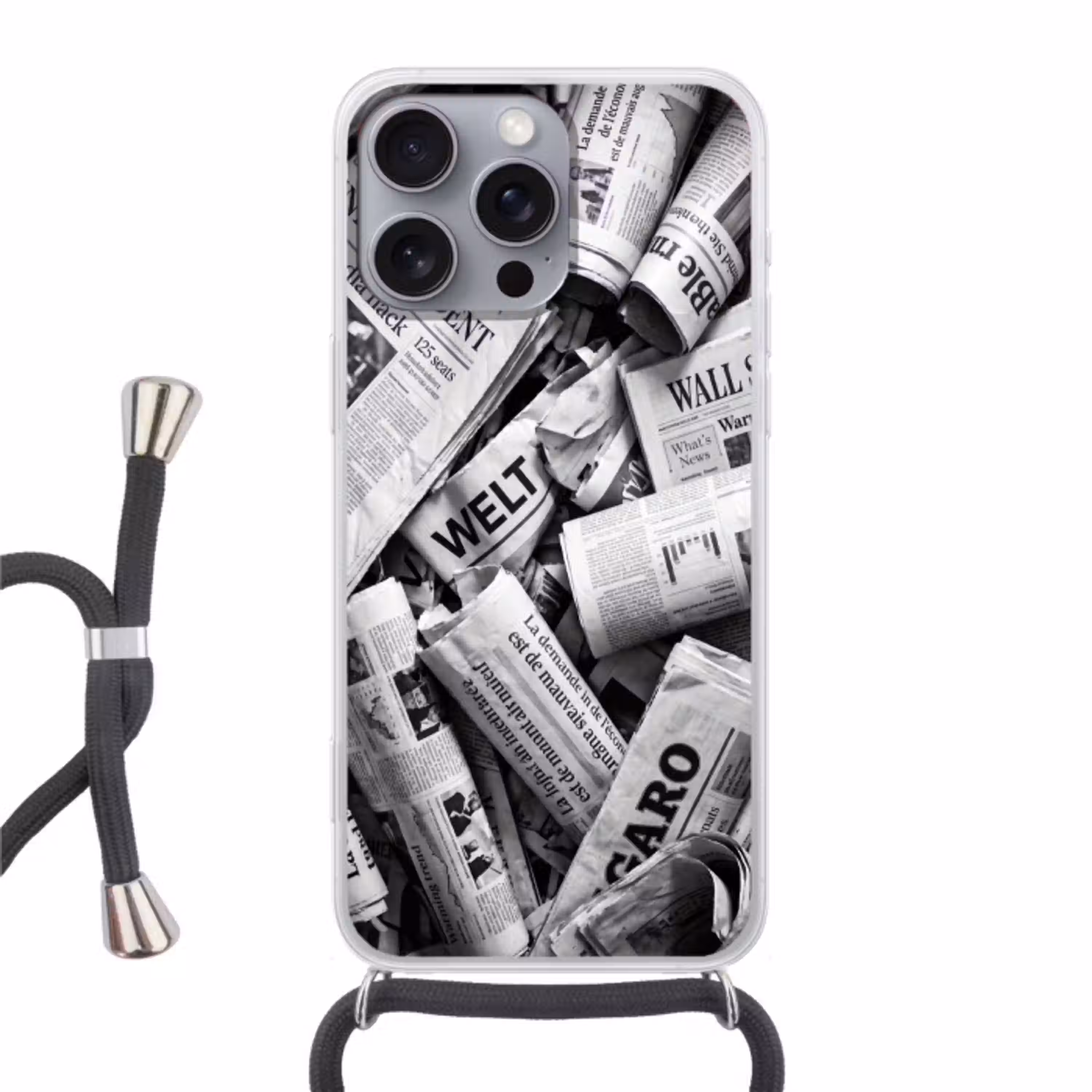Krant - Stapel - Nieuws - Zwart-wit Hoesje iPhone 16 Pro Max met koord klein -3d
