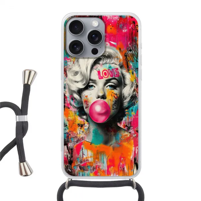 Vrouw - Kauwgom - Graffiti - Neonkleuren Hoesje iPhone 16 Pro Max met koord klein -3d