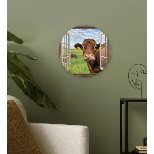 Doorkijk - Koe - Weiland - Landschap - Dieren Wandcirkel plexiglas klein -sfeer3