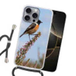 Roodborsttapuit - Heide - Paars - Natuur - Sfeervol Hoesje iPhone 16 Pro Max met koord klein -sfeer1