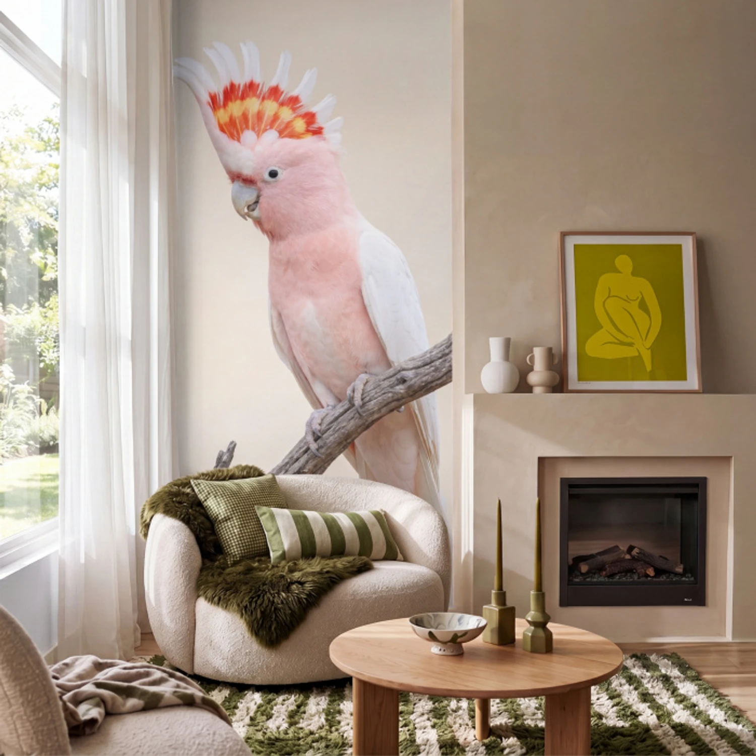 Papagaai - Tak - Roze Behang Vlies klein -sfeer2