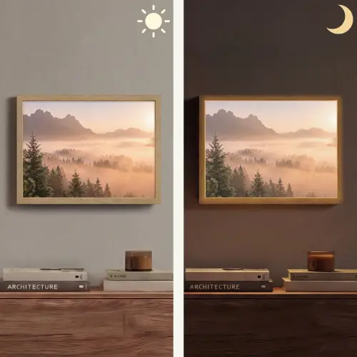 Zonlicht - Mist - Bergen - Bomen Light Box met batterij (Wandlamp) middel -sfeer3